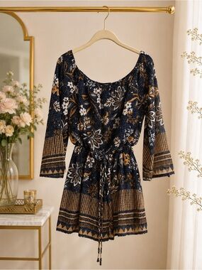 TRAC Floral Romper Size M Navy Orange Bell Sleeve Tie Waist Boho Playsuit